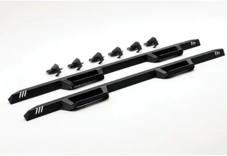 Nerf Bar With Drop Down Steps; Angular Style Straight; Textured Powder Coated Black; Steel; Without End Caps; Rocker