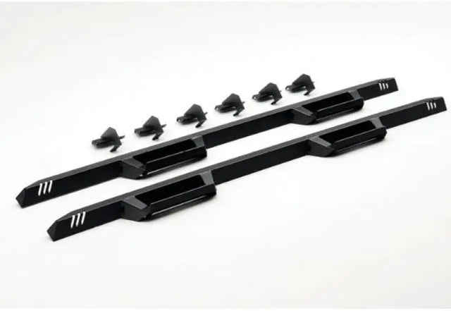Nerf Bar With Drop Down Steps; Angular Style Straight; Textured Powder Coated Black; Steel; Without End Caps; Rocker
