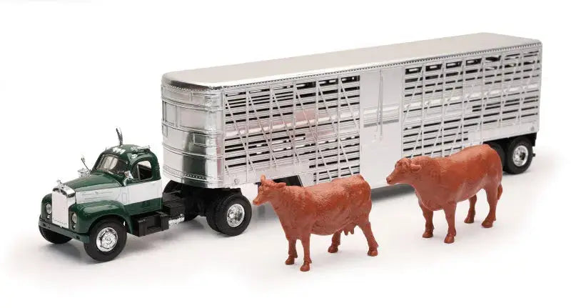 Toy livestock truck with plastic cows from New Ray Toys Mack B-60 livestock truck series