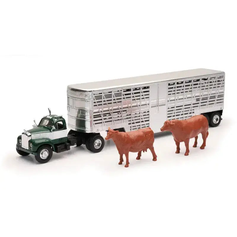 Toy livestock truck with plastic cows from New Ray Toys Mack B-60 livestock truck series