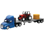 New Ray Toys Freightliner Cascadia Flatbed with Farm Tractor and Round Hay Bale/ Scale - 1:43 - 16083