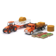 New Ray Toys SS-15815A New Ray Toys Kubota Farm Tractor Play Set with Truck, Trailer, Crates and Haybales/ Scale - 1:32