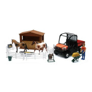 Toy farm set with horses, barn, and figurine from Ray Toys Kubota RTV-X1120D playset