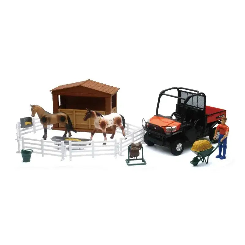 Toy farm set with horses, barn, and figurine from Ray Toys Kubota RTV-X1120D playset
