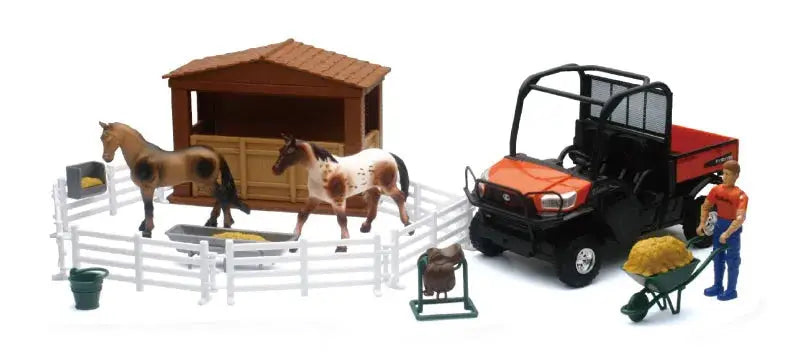 Toy farm set with horses, barn, and figurine from Ray Toys Kubota RTV-X1120D playset