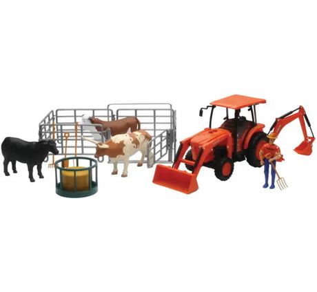 New Ray Toys Kubota Tractor with Figurine, Animals and Fence/ Scale - 1:18 - New Ray Toys