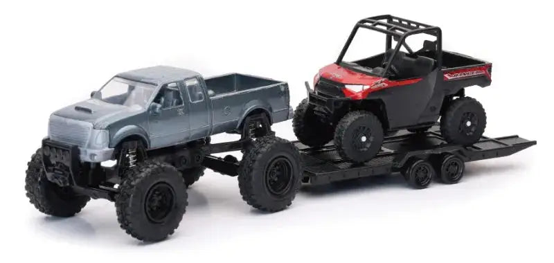 Toy truck towing ATV on trailer, part of Ray Toys Offroad lineup for toys offroad pickup