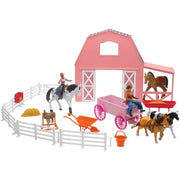 New Ray Toys SS-05786 New Ray Toys Valley Ranch Set with Pink Barn, Horses, Cowgirls and Fences/ Scale 1:32