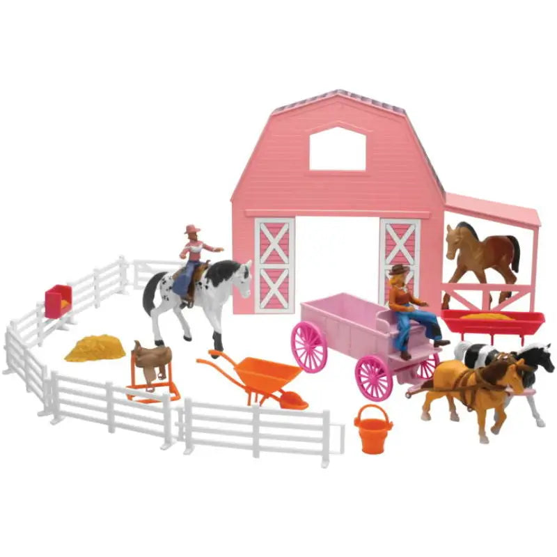 New Ray Toys SS-05786 New Ray Toys Valley Ranch Set with Pink Barn, Horses, Cowgirls and Fences/ Scale 1:32