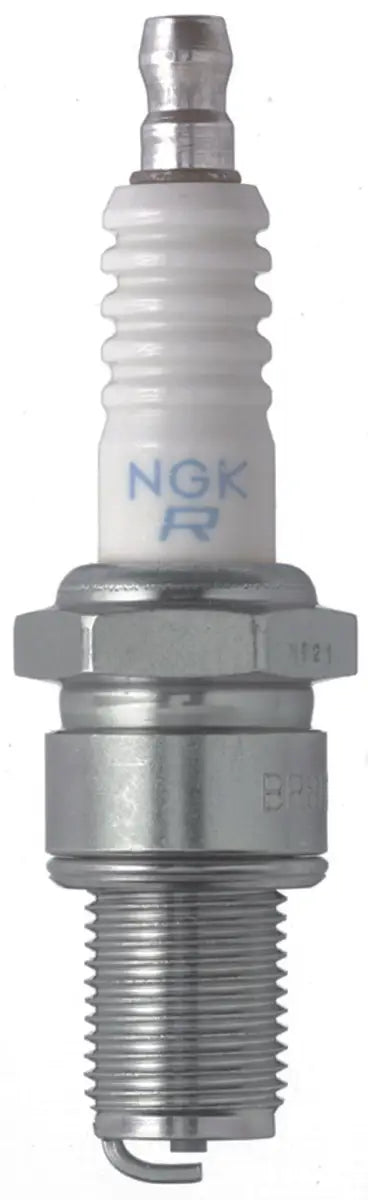 Silver and white NGK spark plug in NGK Traditional Spark Plug Box of 4