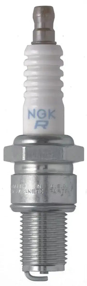 Silver NGK BR8ES traditional spark plug shown in NGK spark plug box of 4
