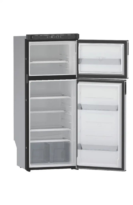 N10DCBKR Norcold 10Cu Ft 12V DC Dual Compartment RV Refrigerator Right Hand Hinge, sleek black design for efficient cooling.