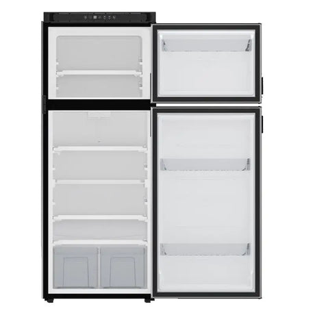 N10DCBKR Norcold 10Cu Ft 12V Dc Dual Compartment RV Refrigerator Right Hand Hinge in sleek black, ideal for RVs.