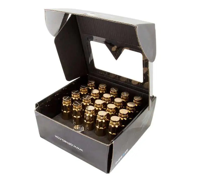 NRG NRG 700 Series M12 X 1.25 Steel Lug Nut w/Dust Cap Cover Set 21 Pc w/Locks & Socket - Chrome Gold