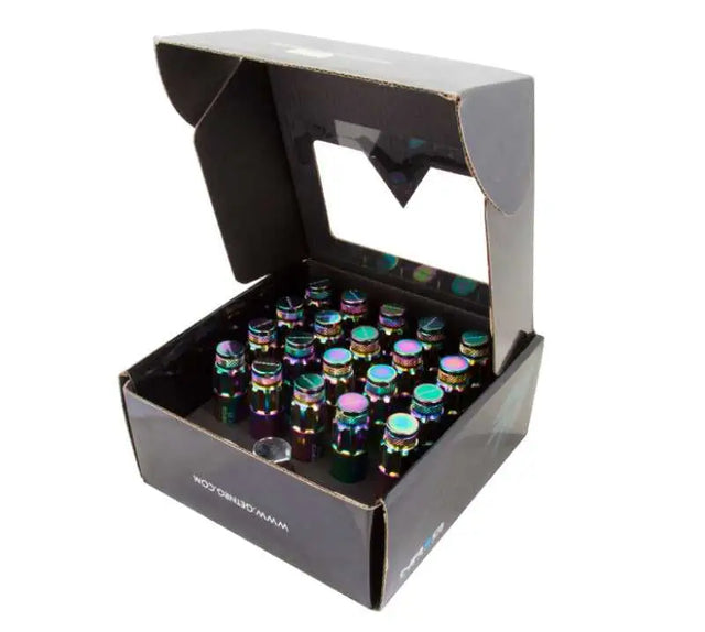 NRG NRG 700 Series M12 X 1.25 Steel Lug Nut w/Dust Cap Cover Set 21 Pc w/Locks & Lock Socket - Neochrome