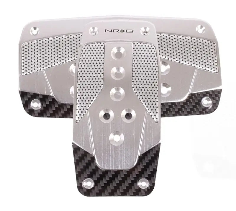 NRG Aluminum Sport Pedal A/T with sleek silver and black carbon finish for cars