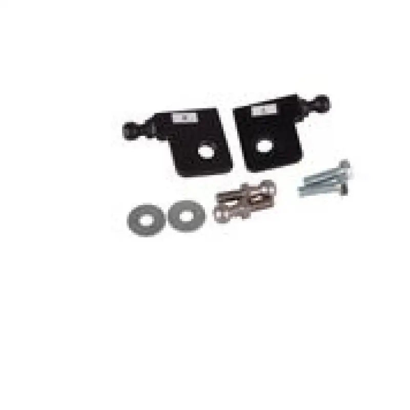 Black metal brackets with hardware for NRG Carbon Fiber Hood Damper Kit on fiber hood