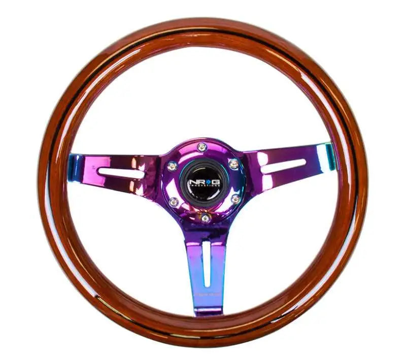 NRG NRG Classic Wood Grain Steering Wheel (310mm) Dark Wood & Black Line Inlay w/Neochrome 3-Spoke Ctr.