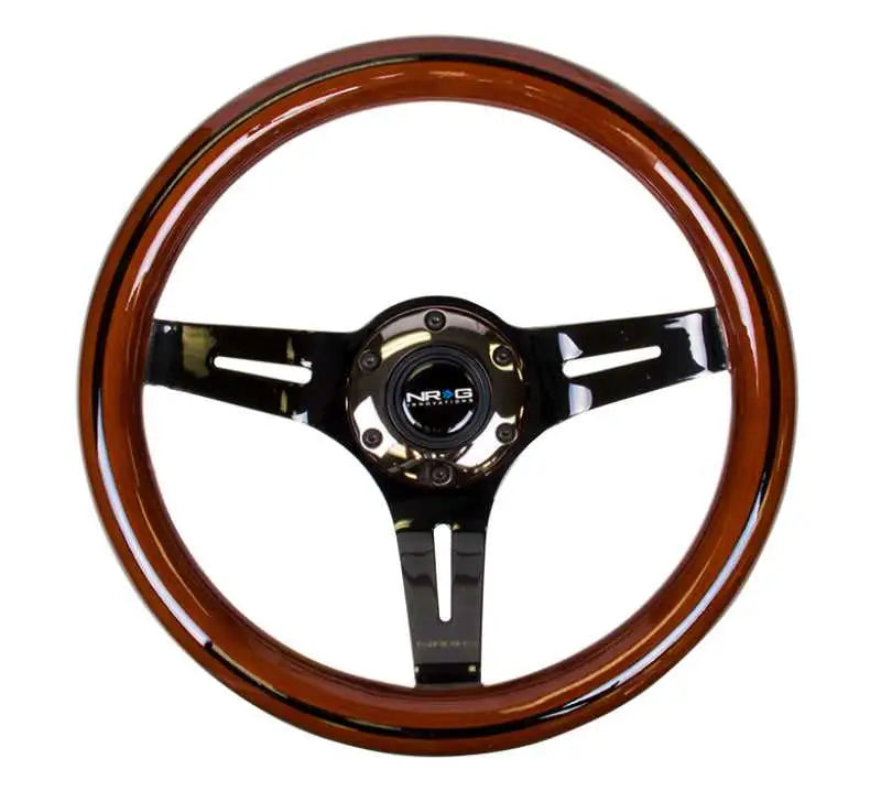 NRG Classic Wood Grain Steering Wheel (310mm) Dark Wood & Black Line Inlay w/Blk Chrome 3-Spoke Ctr. 
