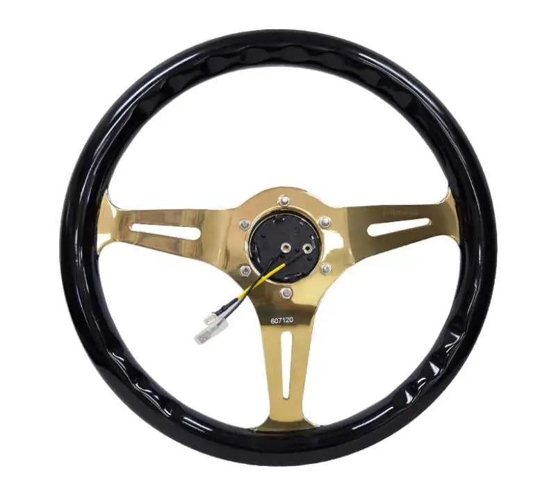 NRG Classic Wood Grain Steering Wheel (350mm) Black Grip w/Chrome Gold 3-Spoke Center 