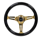 NRG NRG Classic Wood Grain Steering Wheel (350mm) Black Grip w/Chrome Gold 3-Spoke Center