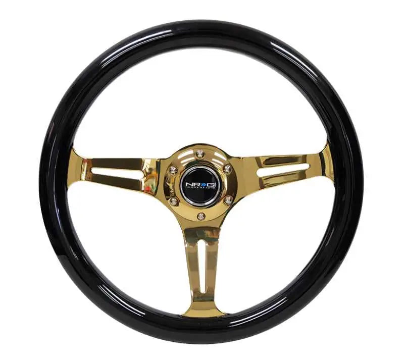 NRG NRG Classic Wood Grain Steering Wheel (350mm) Black Grip w/Chrome Gold 3-Spoke Center