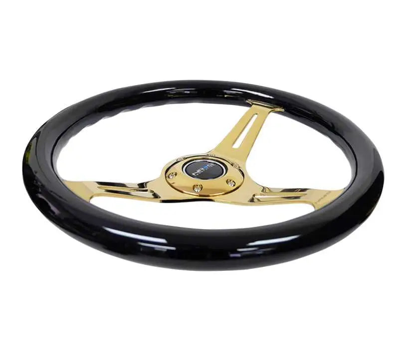 NRG Classic Wood Grain Steering Wheel (350mm) Black Grip w/Chrome Gold 3-Spoke Center 