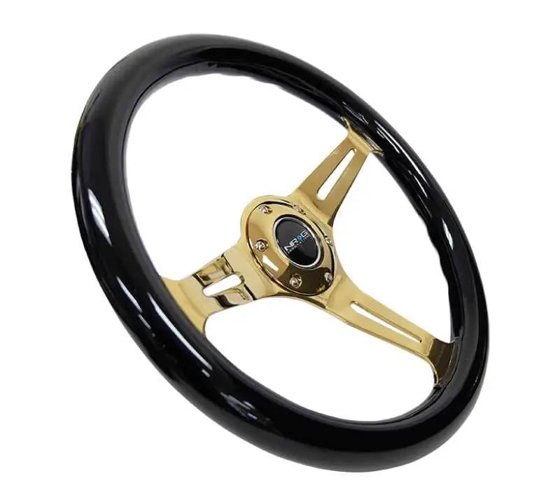 NRG Classic Wood Grain Steering Wheel (350mm) Black Grip w/Chrome Gold 3-Spoke Center 