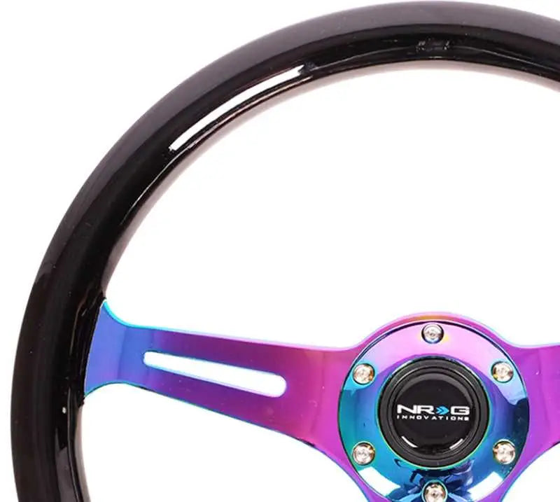 NRG Classic Wood Grain Steering Wheel (350mm) Black Paint Grip w/Neochrome 3-Spoke Center 