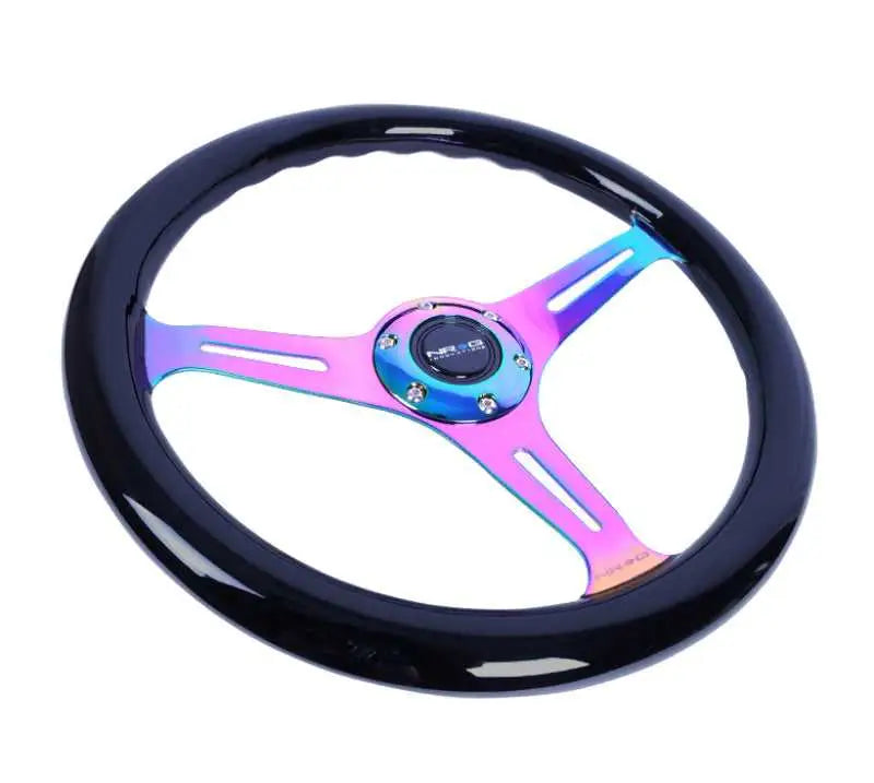 NRG Classic Wood Grain Steering Wheel (350mm) Black Paint Grip w/Neochrome 3-Spoke Center 