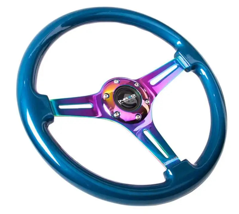 NRG Classic Wood Grain Steering Wheel (350mm) Blue Pearl/Flake Paint w/Neochrome 3-Spoke Center 