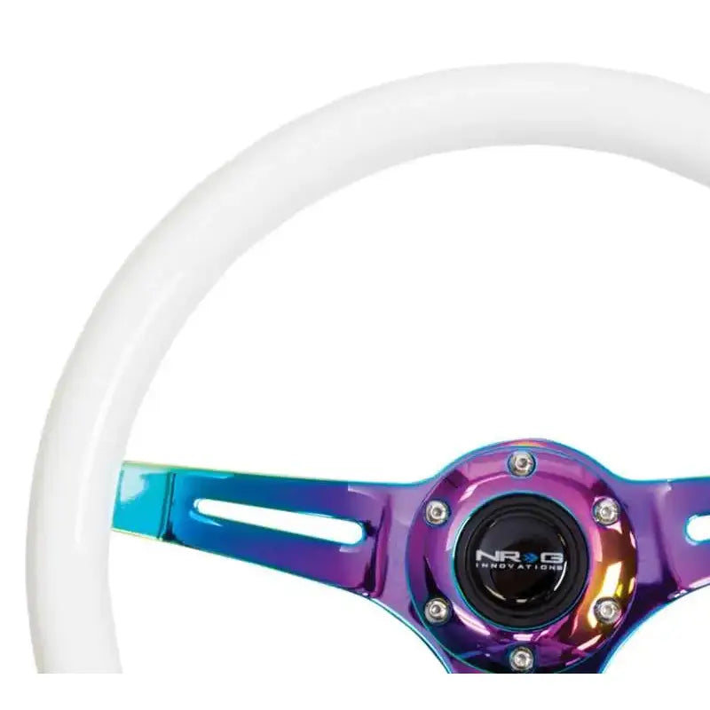 NRG Classic Wood Grain Steering Wheel (350mm) Glow-N-The-Dark Green Grip w/Neochrome 3-Spoke Center 