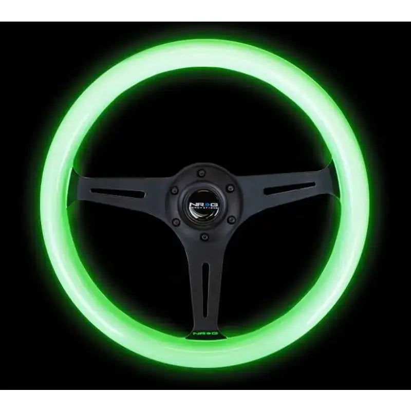 NRG Classic Wood Grain Steering Wheel (350mm) Glow-N-The-Dark Green Grip w/Black 3-Spoke Center 