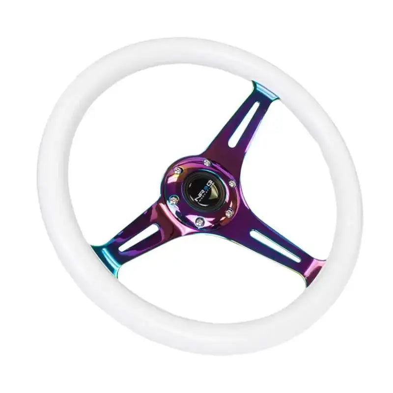 NRG Classic Wood Grain Steering Wheel (350mm) Glow-N-The-Dark Green Grip w/Neochrome 3-Spoke Center 