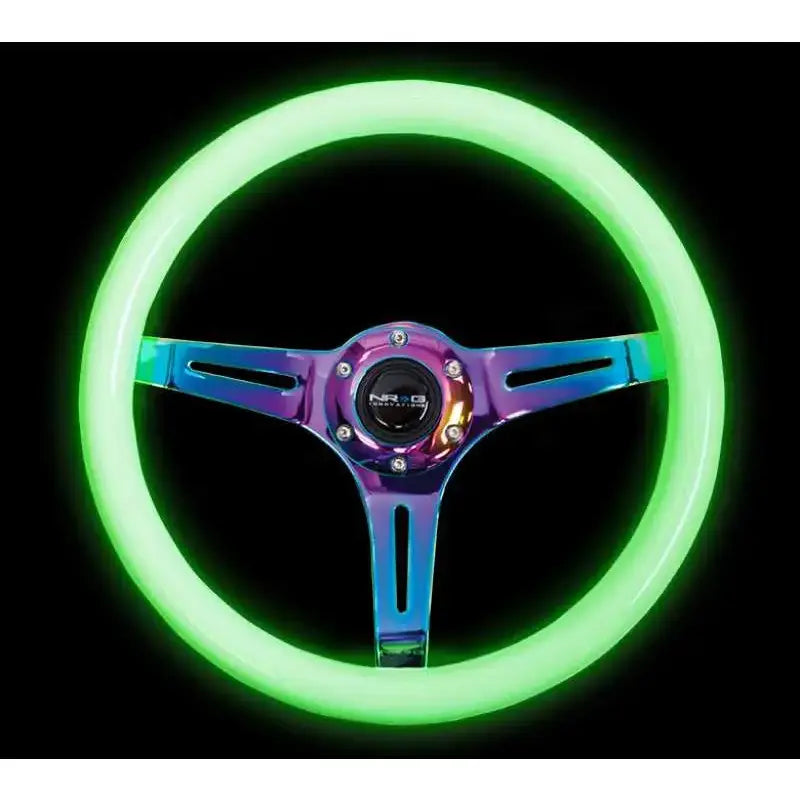 NRG Classic Wood Grain Steering Wheel (350mm) Glow-N-The-Dark Green Grip w/Neochrome 3-Spoke Center 