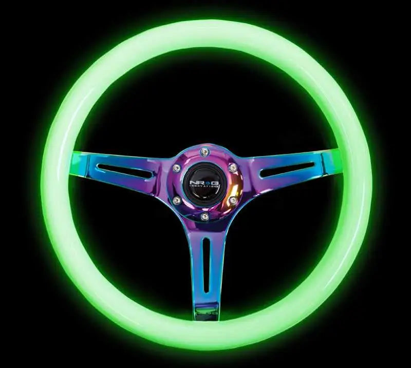 NRG Classic Wood Grain Steering Wheel (350mm) Glow-N-The-Dark Green Grip w/Neochrome 3-Spoke Center 