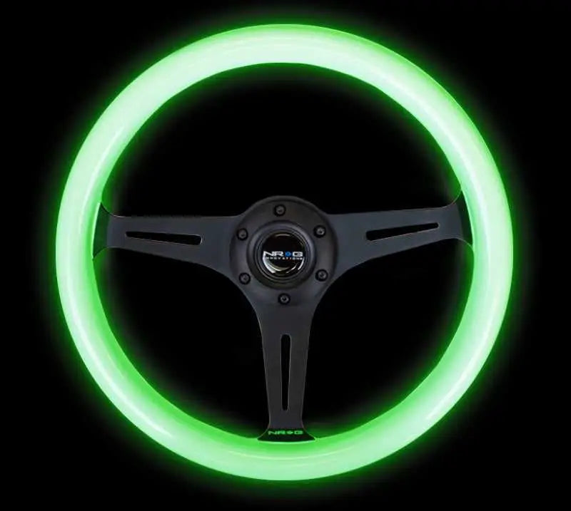 NRG Classic Wood Grain Steering Wheel (350mm) Glow-N-The-Dark Green Grip w/Black 3-Spoke Center 