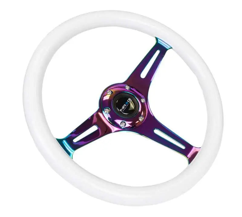 NRG Classic Wood Grain Steering Wheel (350mm) Glow-N-The-Dark Green Grip w/Neochrome 3-Spoke Center 