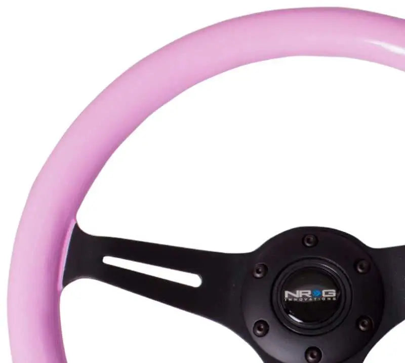NRG Classic Wood Grain Steering Wheel (350mm) Solid Pink Painted Grip w/Black 3-Spoke Center 