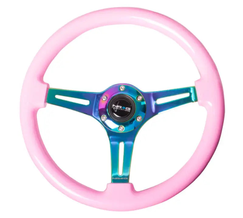 Pink steering wheel with iridescent spokes from NRG Classic Wood Grain Steering Wheel collection