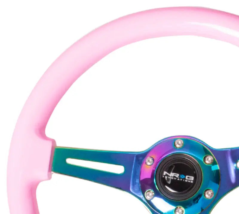 Pink steering wheel with iridescent spokes from NRG Classic Wood Grain Steering Wheel collection