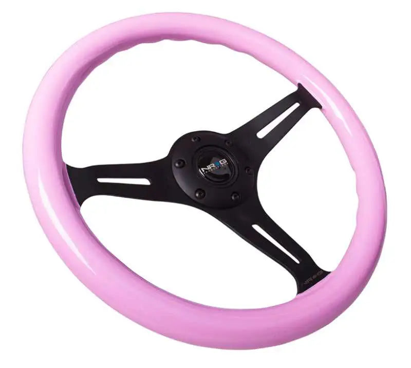 NRG Classic Wood Grain Steering Wheel (350mm) Solid Pink Painted Grip w/Black 3-Spoke Center 