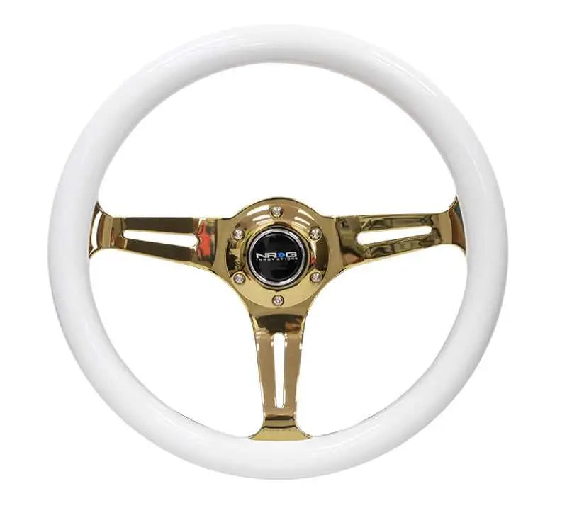 NRG NRG Classic Wood Grain Steering Wheel (350mm) White Grip w/Chrome Gold 3-Spoke Center