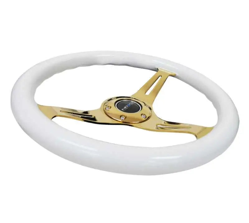 NRG Classic Wood Grain Steering Wheel (350mm) White Grip w/Chrome Gold 3-Spoke Center 
