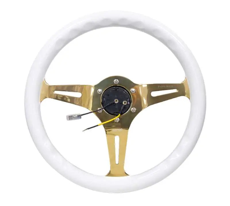 NRG Classic Wood Grain Steering Wheel (350mm) White Grip w/Chrome Gold 3-Spoke Center 