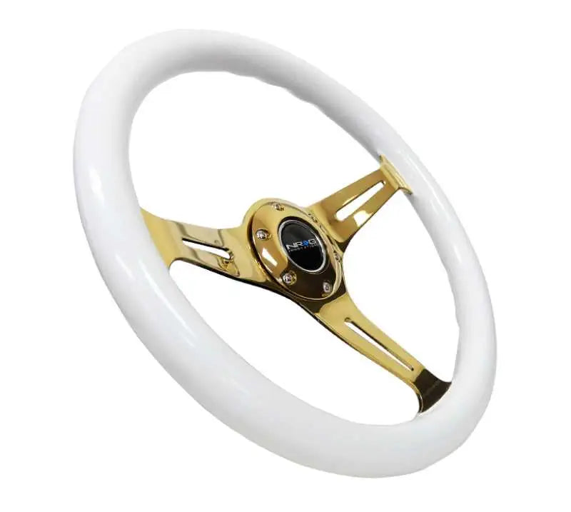 NRG Classic Wood Grain Steering Wheel (350mm) White Grip w/Chrome Gold 3-Spoke Center 