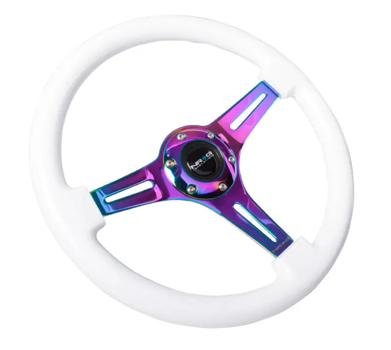 NRG Classic Wood Grain Steering Wheel (350mm) White Paint Grip w/Neochrome 3-Spoke Center - Truck & Automotive