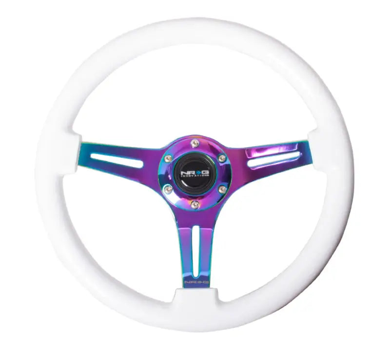 NRG Classic Wood Grain Steering Wheel (350mm) White Paint Grip w/Neochrome 3-Spoke Center - Truck & Automotive