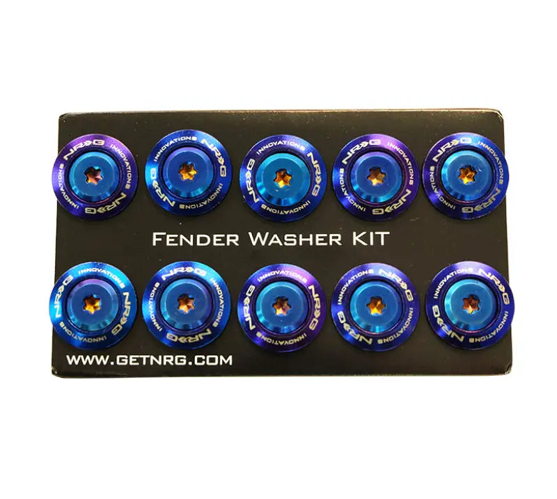 Ten blue and purple NRG fender washers in the NRG Fender Washer Kit for M6 bolts