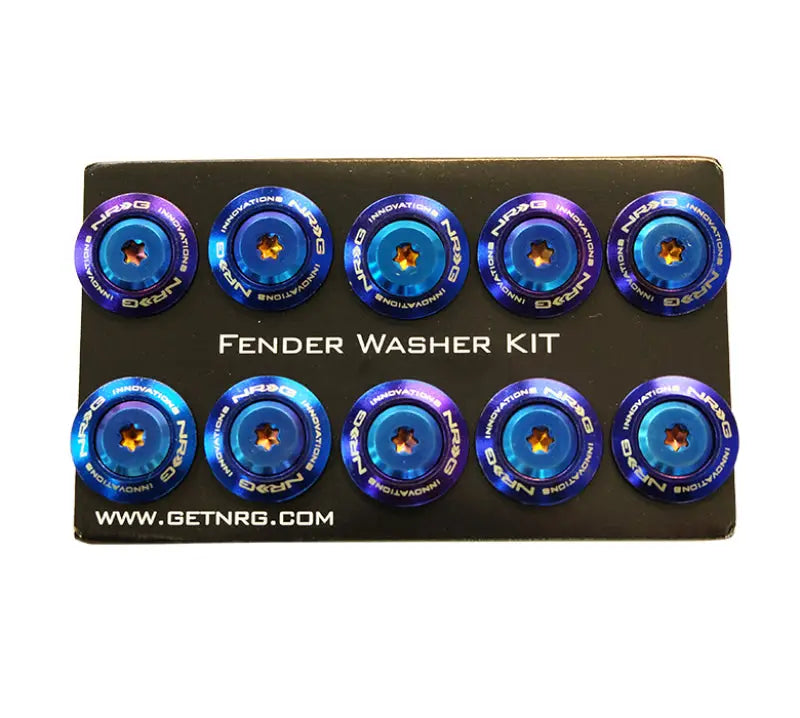 Blue and purple NRG Fender Washer Kit for M6 Bolts, perfect for DIY car mods